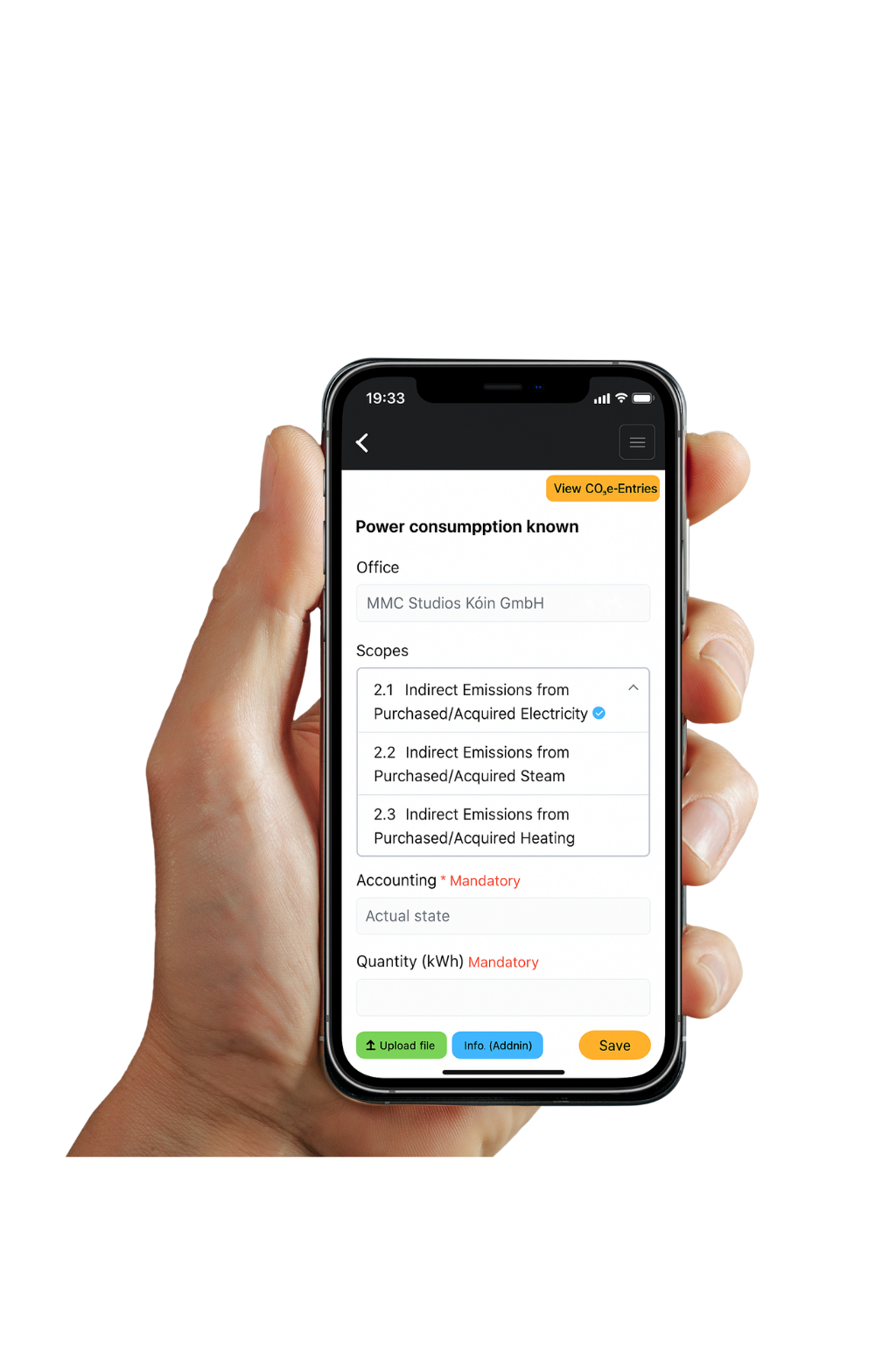 Mobile CO2 data entry in carbon accounting software for film productions shown on smartphone screen