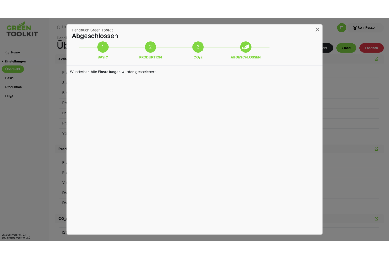 Green Toolkit Workflow-Stepper: Basic, Production, CO2e und Abgeschlossen in der Schrittfolge