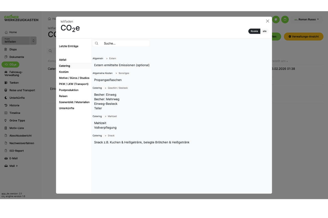 CO2e Kategorien in Green Toolkit: Catering, Motive/Buros/Studios, Transport, Reisen, Unterkunfte und weitere Bereiche